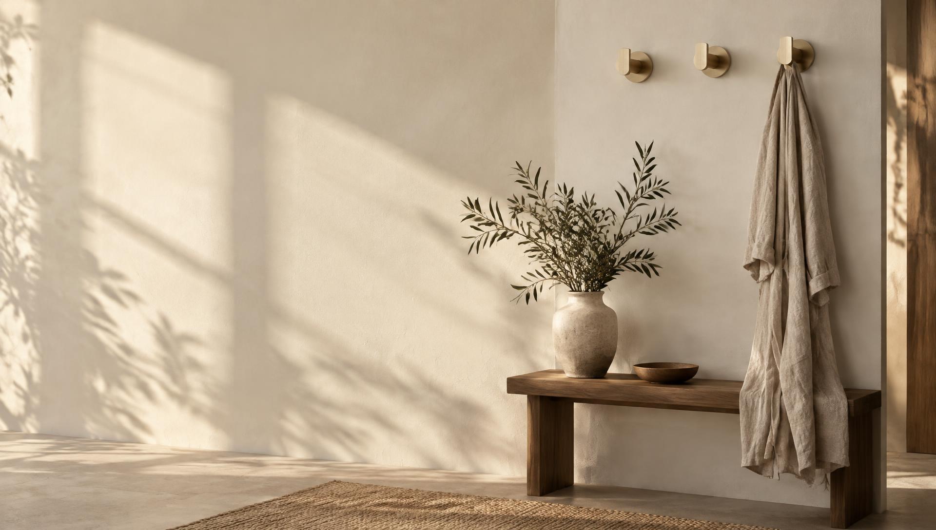 Brushed brass hooks, natural linen and a walnut bench in a sunlit entryway