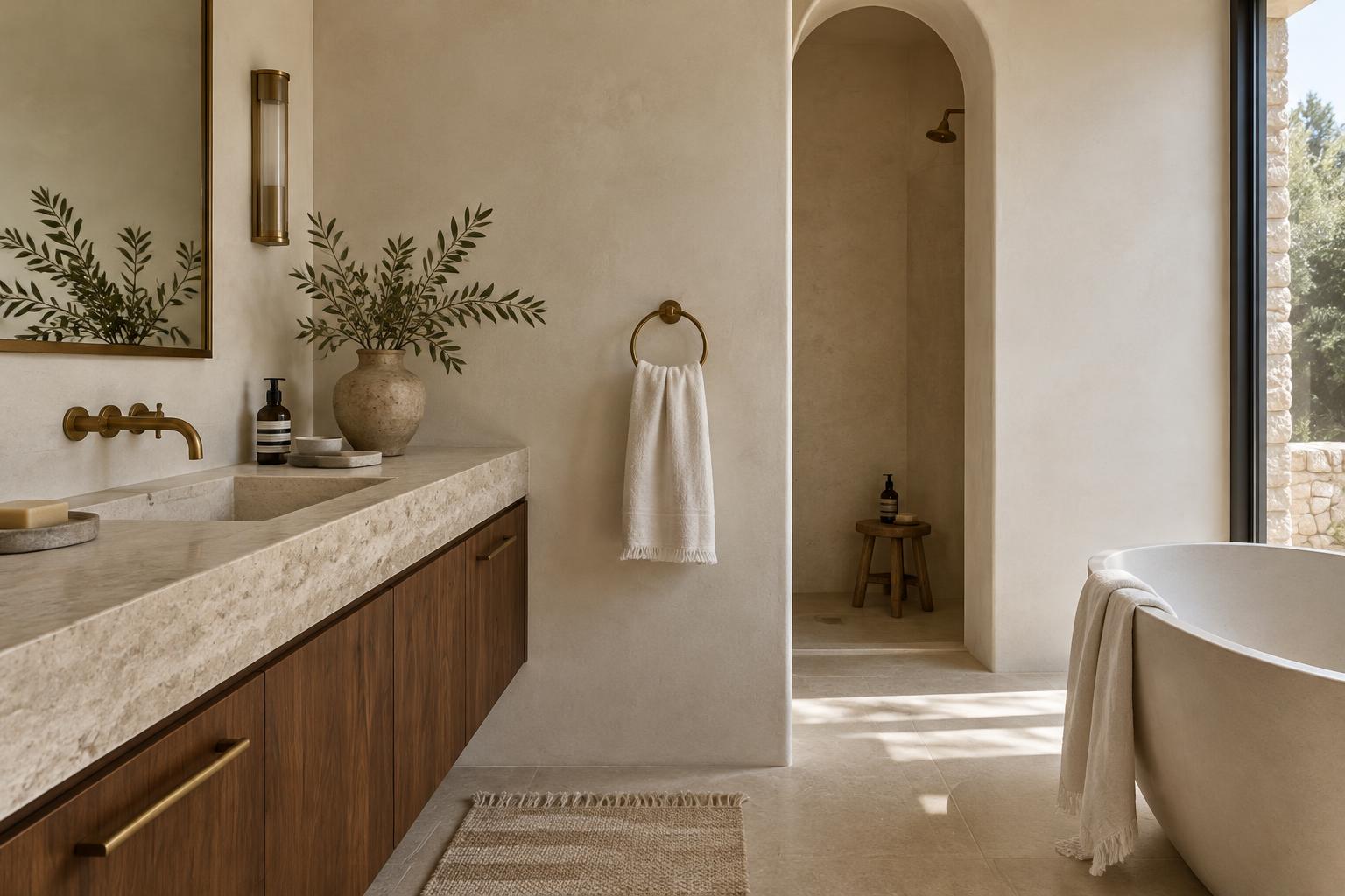 Warm stone and brass details in a serene bathroom